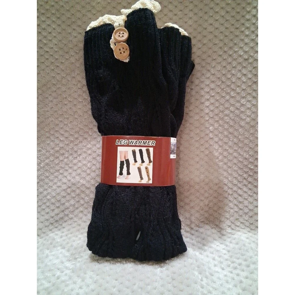 22 Inch Black Cable Knit Crochet Lace Trim Boot Leg Warmers Renfair Boho Coquett